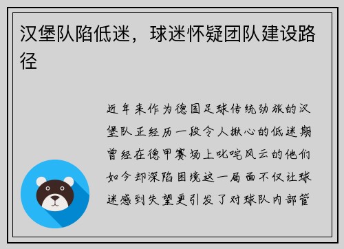 汉堡队陷低迷，球迷怀疑团队建设路径