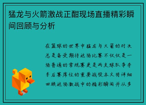 猛龙与火箭激战正酣现场直播精彩瞬间回顾与分析