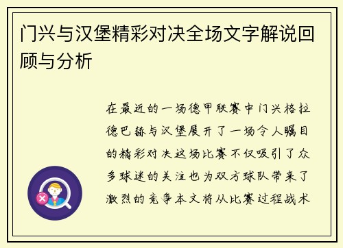 门兴与汉堡精彩对决全场文字解说回顾与分析